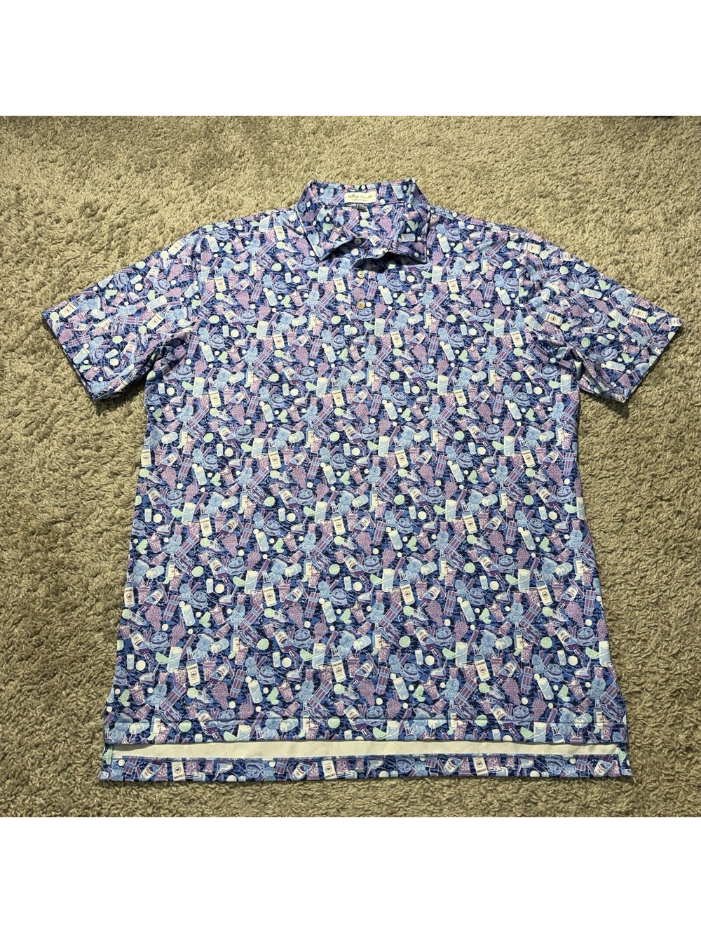 PETER MILLAR Summer Comfort CADDYSHACK Cocktail AOP Print Golf Polo Shirt Large